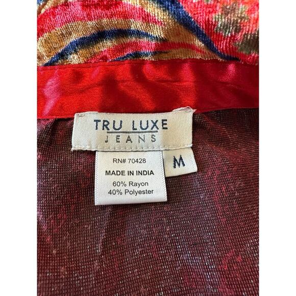 Tru Luxe Jeans Boho Velvet Blouse M Red Gold Wavy Pattern Long Sleeve Tunic Top - Picture 5 of 7
